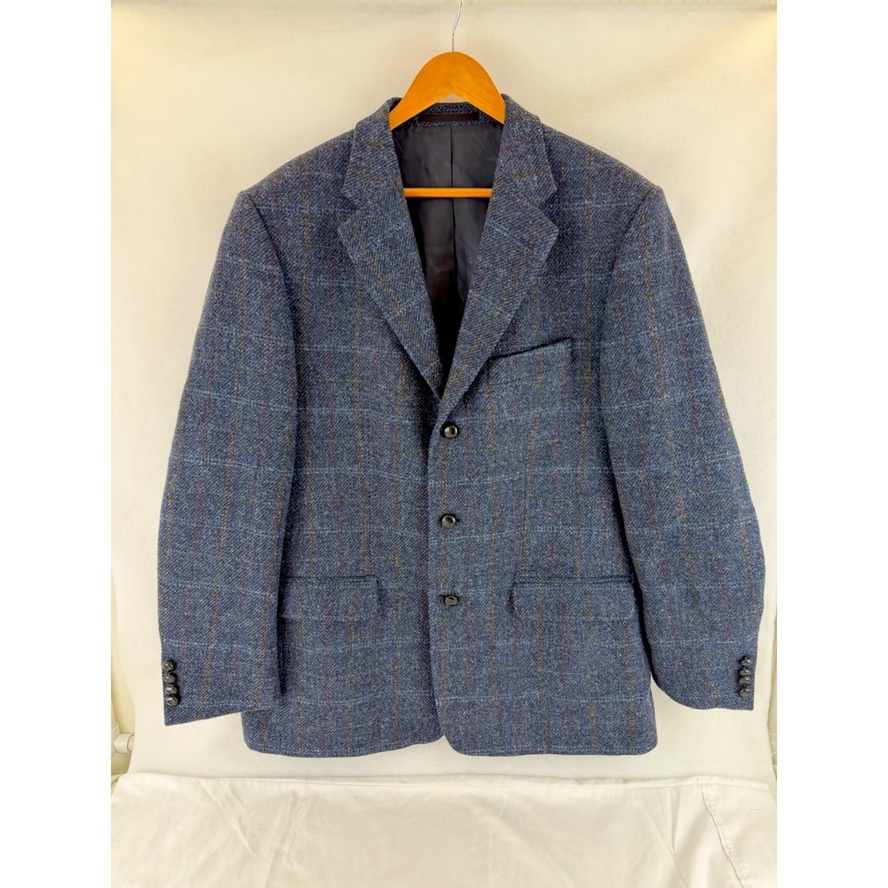 Walbusch Harris Tweed Blazer 42R Blue Windowpane‎ Wool Sport Coat Men's Scotland